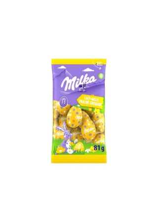 Milka 13 paaseieren van melkchocolade met praline en crunchy textuur, 81 gram chocolaatjes