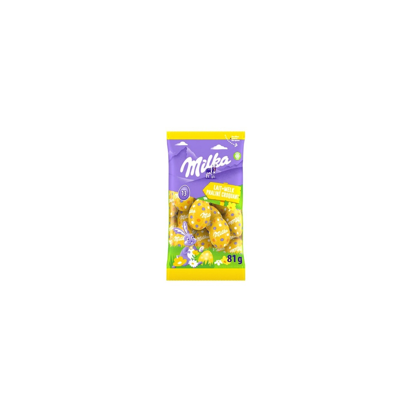 Milka 13 paaseieren van melkchocolade met praline en crunchy textuur, 81 gram chocolaatjes
