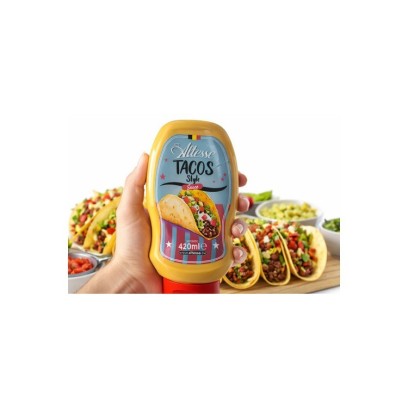 Détail étiquette sauce tacos Altesse 420ml avec illustration tacos et branding belge